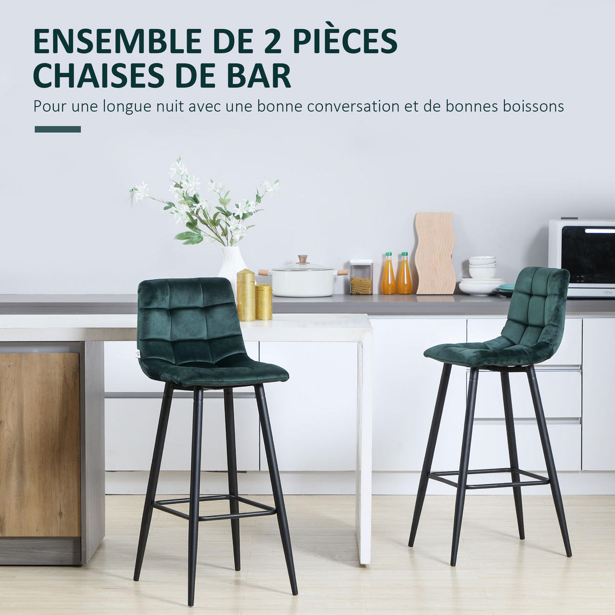 BARHOCKER 2er-Set DE-14708 gepolsterter Samt mit Steppung & Stahlgestell Dunkelgrün - Grün, Metall (55/105/42cm) - ComfortXL