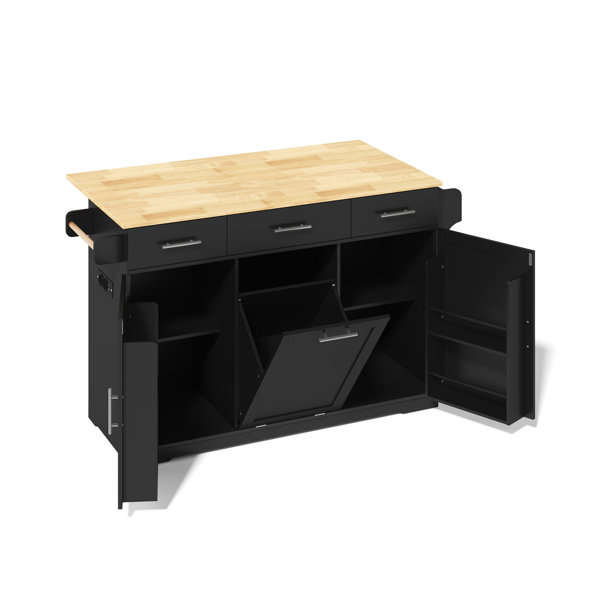 KÜCHENINSEL DE-41372 136/50-75/92 cm, klappbare Arbeitsplatte und Mülleimerschrank Schwarz - Schwarz, Holzwerkstoff (136/92/75cm) - ComfortXL