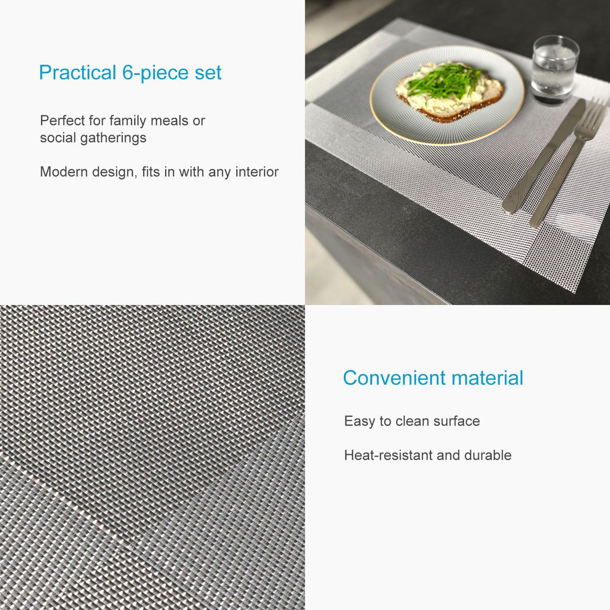 PLATZSET Untersetzer 45/30 cm (6er-Set) - Grau, Kunststoff (45/30/0.16cm) - Intirilife