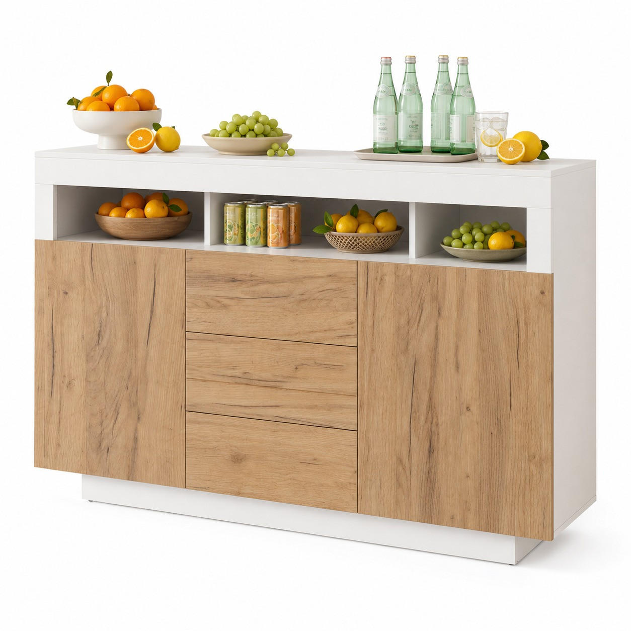 SIDEBOARD i natur/vit Förvaringsskåp med 3 lådor och 2 dörrar för vardagsrum, B140/D40/H85 cm - Vit/Naturfärgad, Träbaserade material (140/85/40cm) - STILVORA