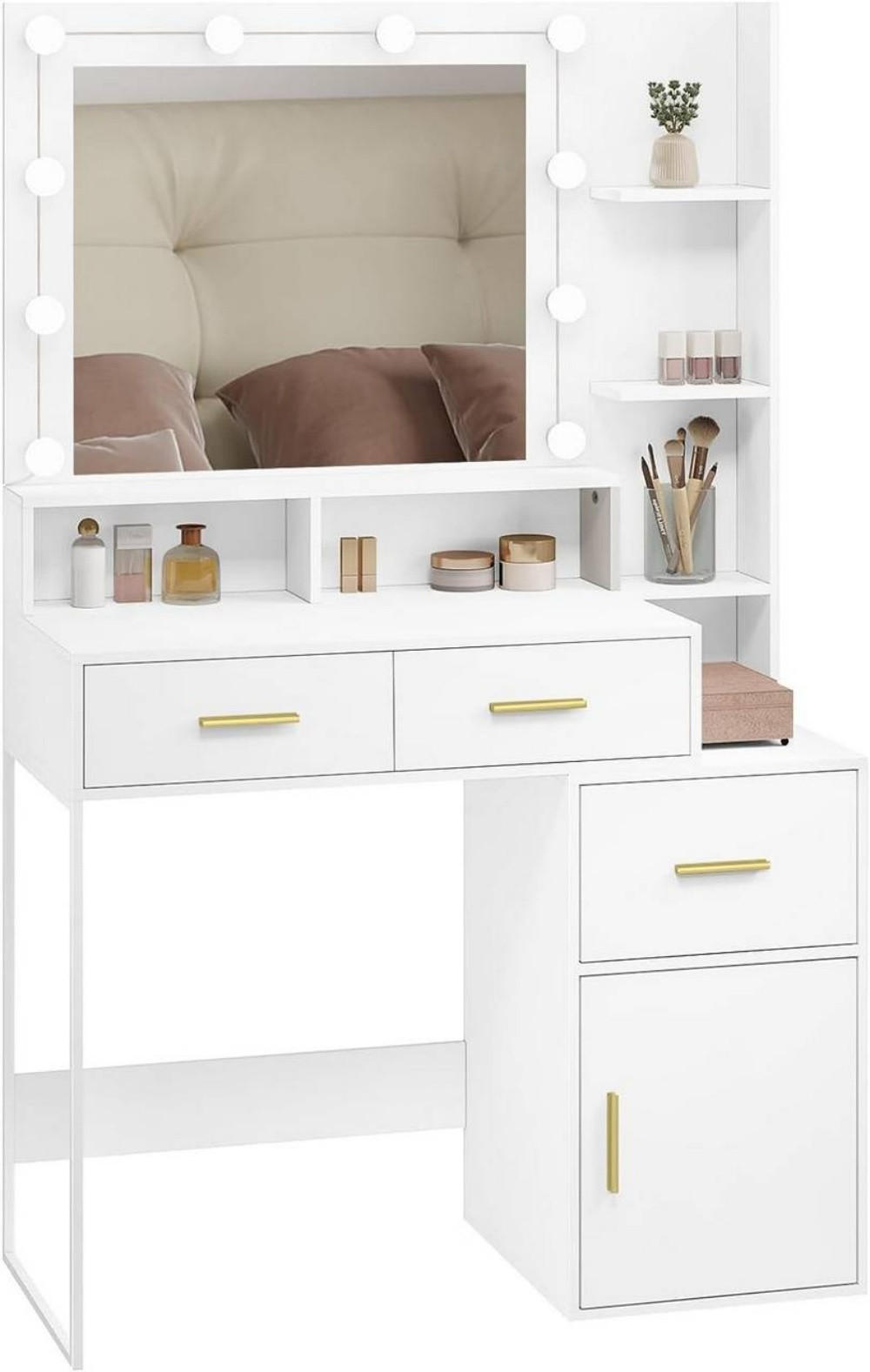 SCHMINKTISCH mit LED, Spiegel, 3 einstellbare Helligkeiten, Weiß - Goldfarben/Weiß, Holzwerkstoff (90/143/39.5cm) - Woltu