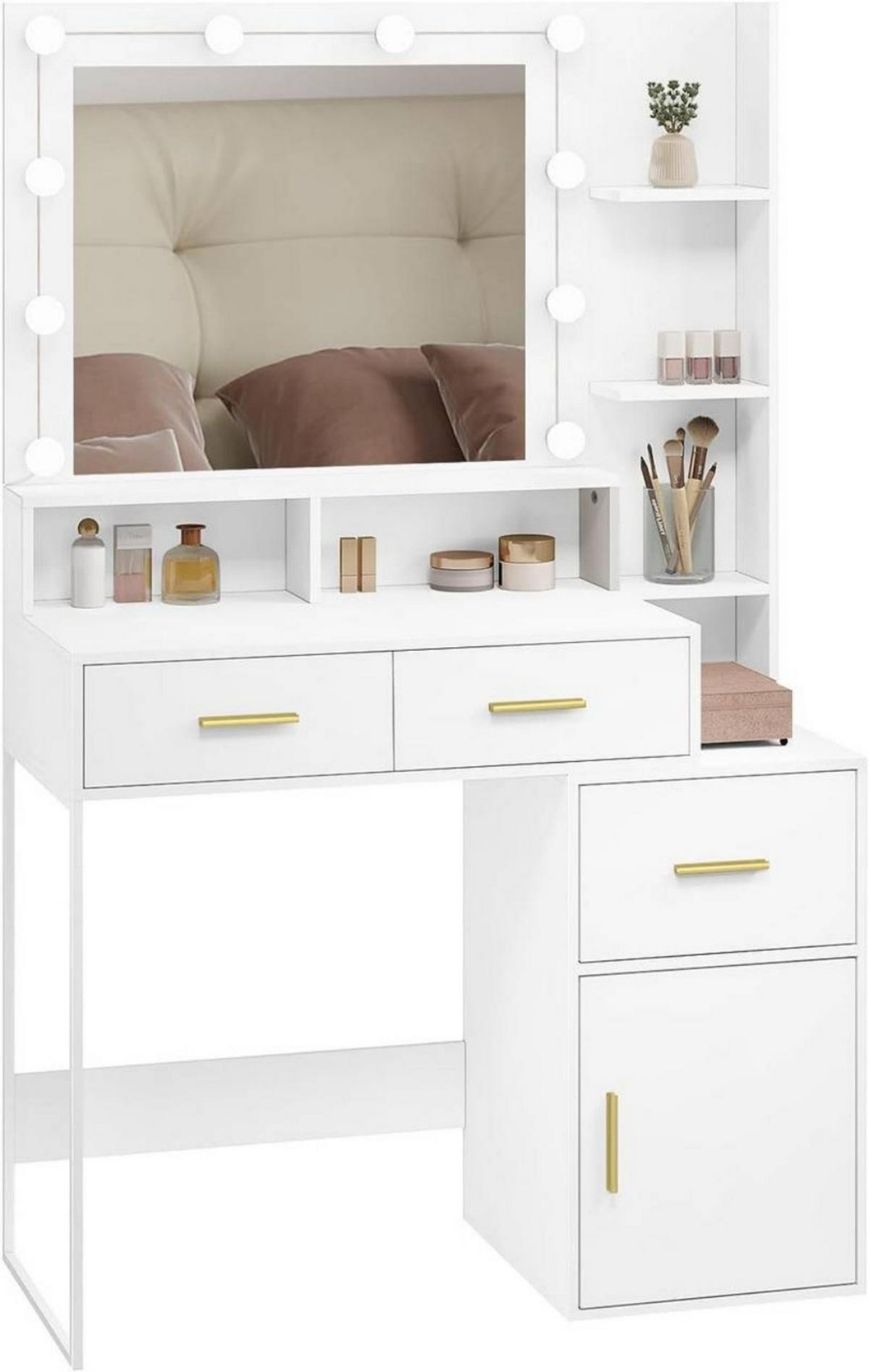 SCHMINKTISCH mit LED, Spiegel, 3 einstellbare Helligkeiten, Weiß - Goldfarben/Weiß, Holzwerkstoff (90/143/39.5cm) - Woltu