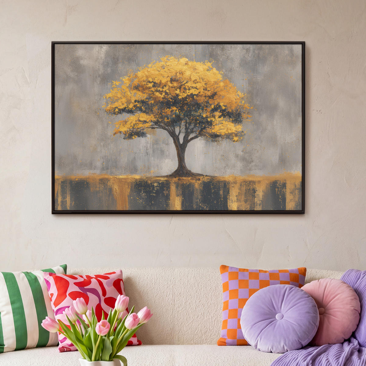 LEINWAND Bilder mit Rahmen - Baum - Blätter - Gold - Abstrakt - 90x60 - Grau, Textil (90/60cm) - MuchoWow