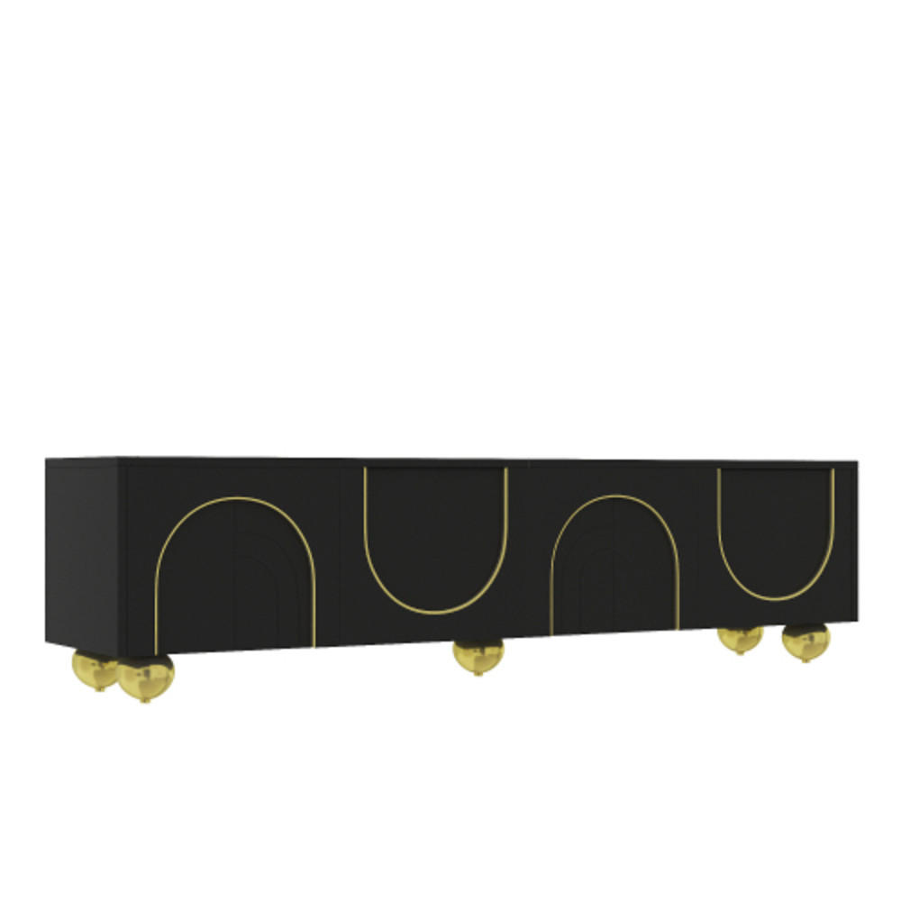 LOWBOARD Schwarz-gold aus Spanplatte mit handbemalten Goldverzierungen & Push-Open-Türen 170×38×44 cm - Schwarz, Holzwerkstoff (170/44/38cm) - Luhomfu
