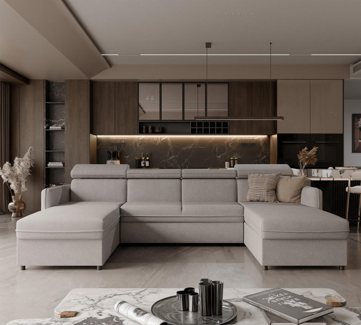 WOHNLANDSCHAFT BENI mit Schlaffunktion und Bettkasten Beige - Beige/Schwarz, Kunststoff/Textil (286/60/166cm) - Idohome