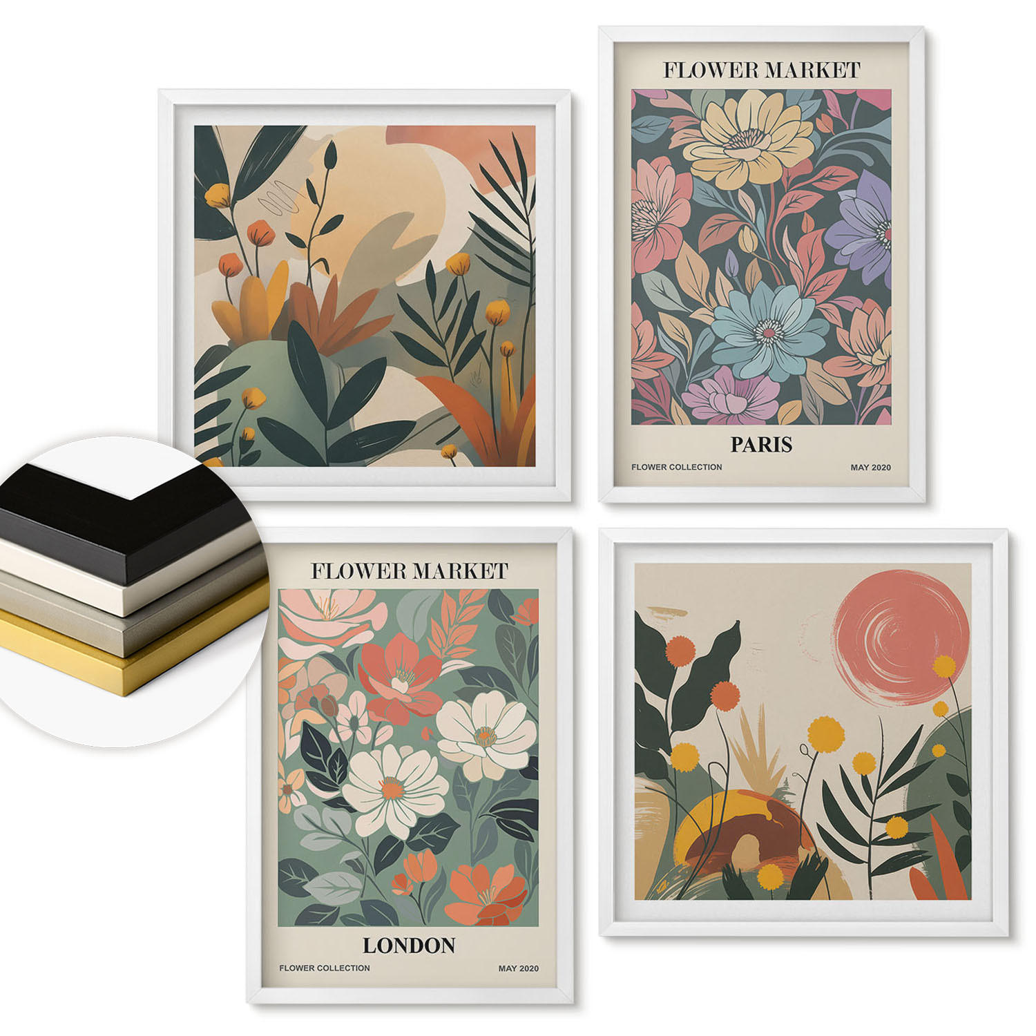 WANDBILDER 4er-Set - 50x50 cm & 40x60 cm Weißer Rahmen - Blumenposter Paris London - Weiß, Kunststoff (50/50cm) - ArtPrintCave