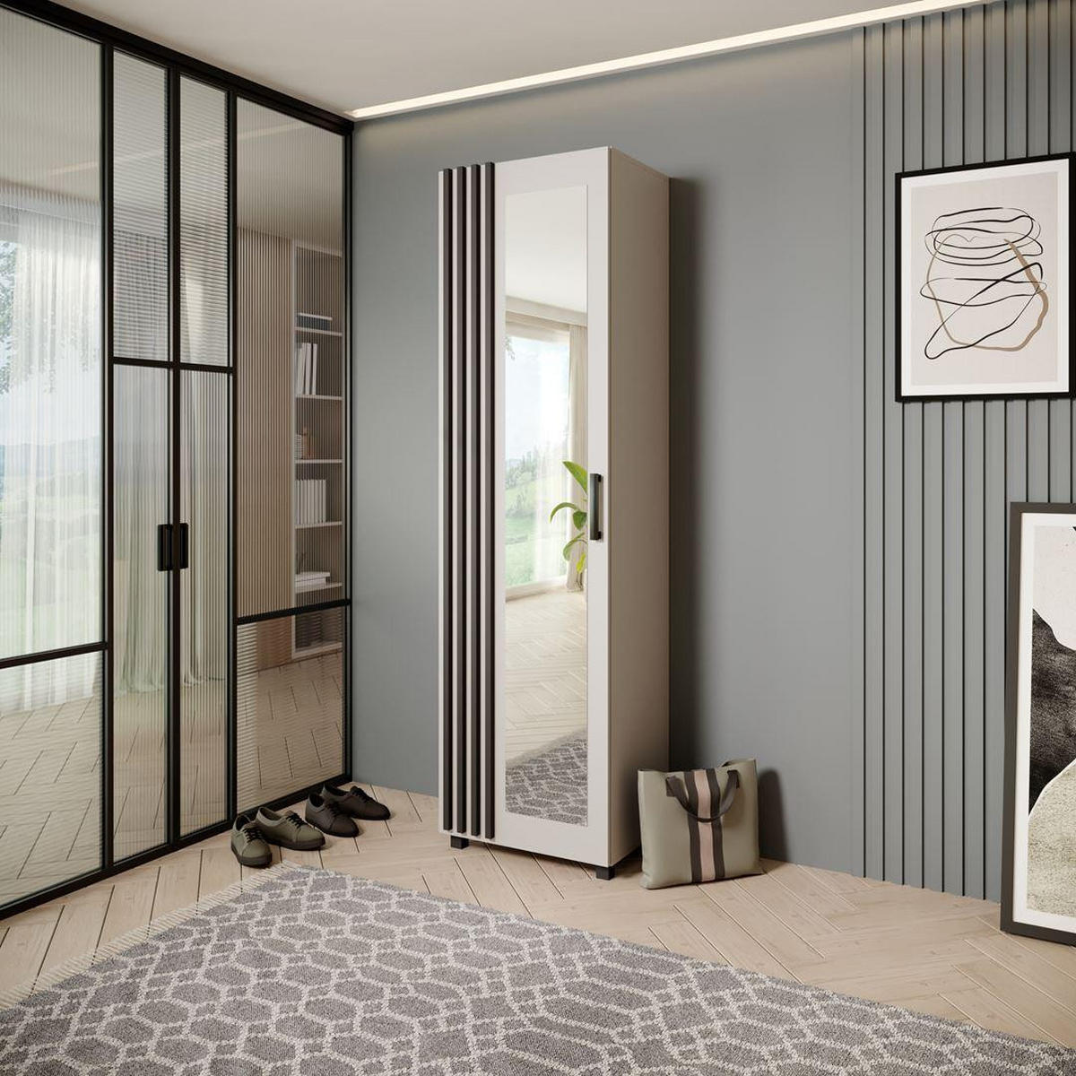 ŠATNÍ skříň LIVIA – vysoká skříň se zrcadlem a lamelami v černé, kašmír - kašmírová, kompozitní dřevo (58/207/42cm) - Beautysofa