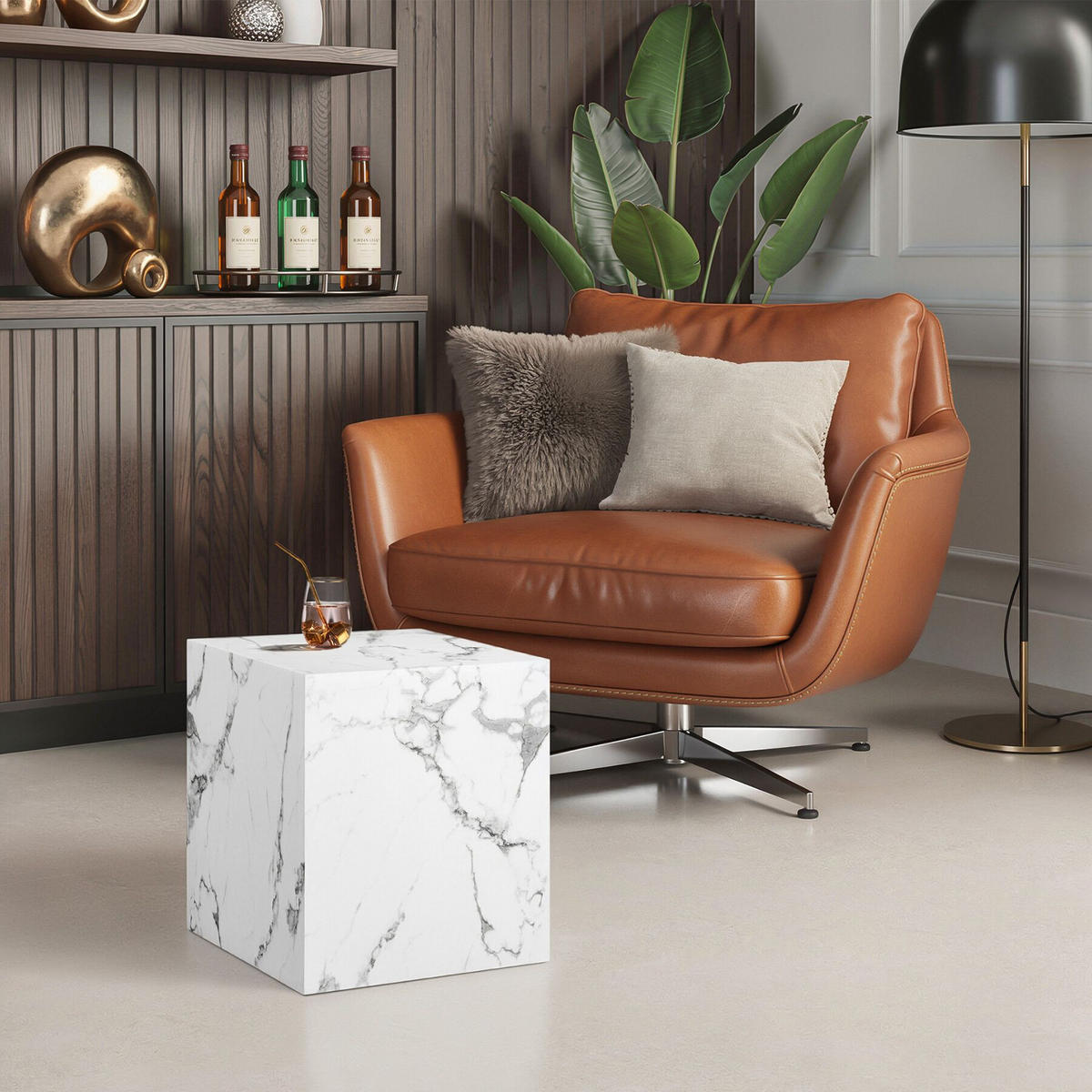 COUCHTISCH Lasley, inkl. Bodenschoner, Belastbarkeit 45 kg, Marmor Optik weiß - Weiß, Holz (45/45/50cm) - tectake