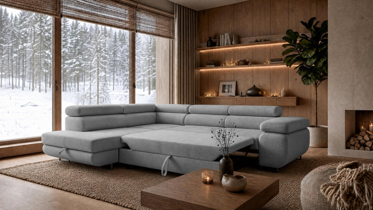 ECKSOFA Velmo mit Bettkasten und Schlaffunktion, verstellbaren Kopfstützen, in L-Form - Hellgrau, Textil (275/203cm)