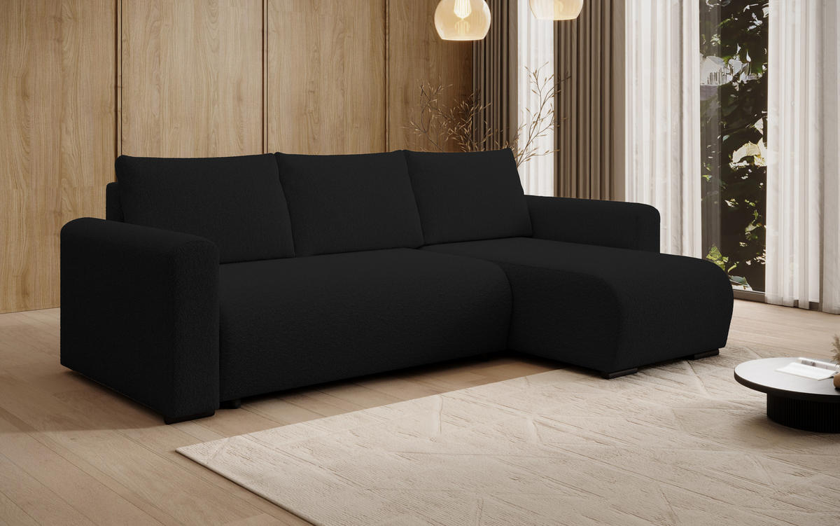 ECKSOFA DORA L, Eckcouch in L-Form mit Schlaffunktion und Bettkasten, Farbe: Schwarz, Bouclé-Stoff, Ottomane Rechts - Schwarz, Textil (240/143cm) - Storez24