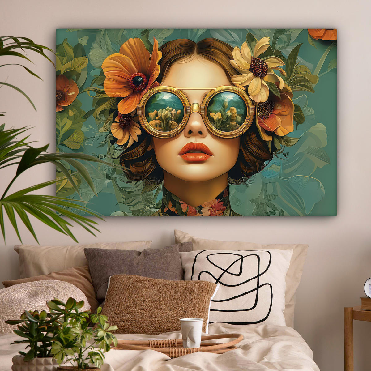 LEINWANDBILD Frau - Blumen - Schmetterlinge - Natur - Vintage Groß 140x90 cm - Salbeigrün, Textil (140/90cm) - MuchoWow