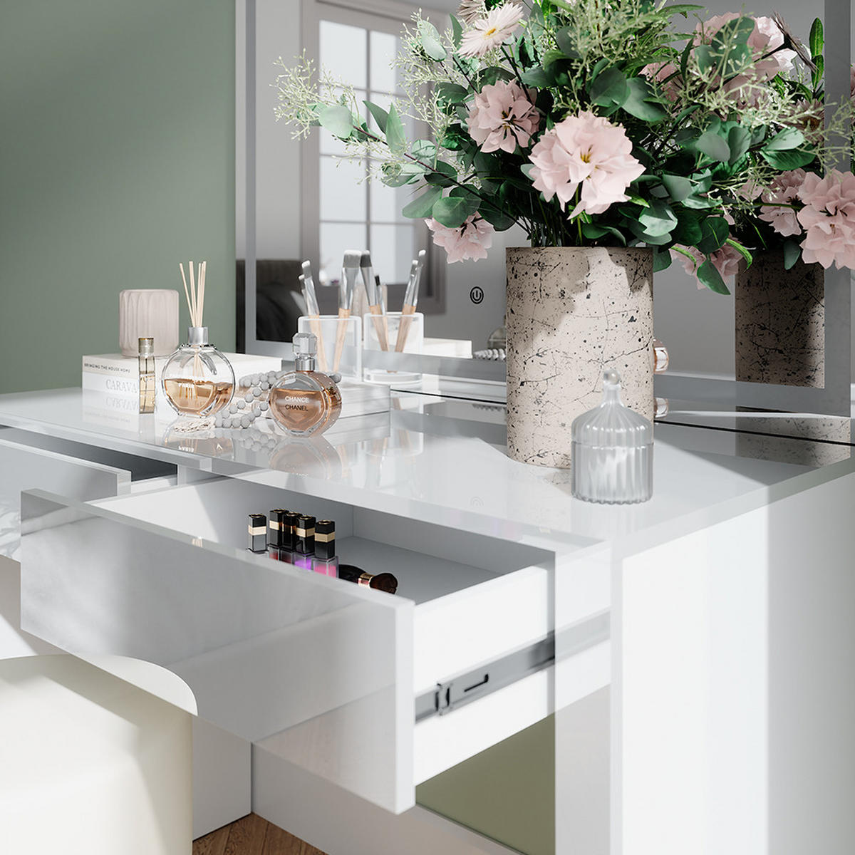 SCHMINKTISCH Annabelle Weiß Hochglanz/Weiß 110 cm mit LED-Spiegel und Hocker - Weiß Hochglanz/Weiß, Holzwerkstoff (110/75.5/50cm) - Vicco