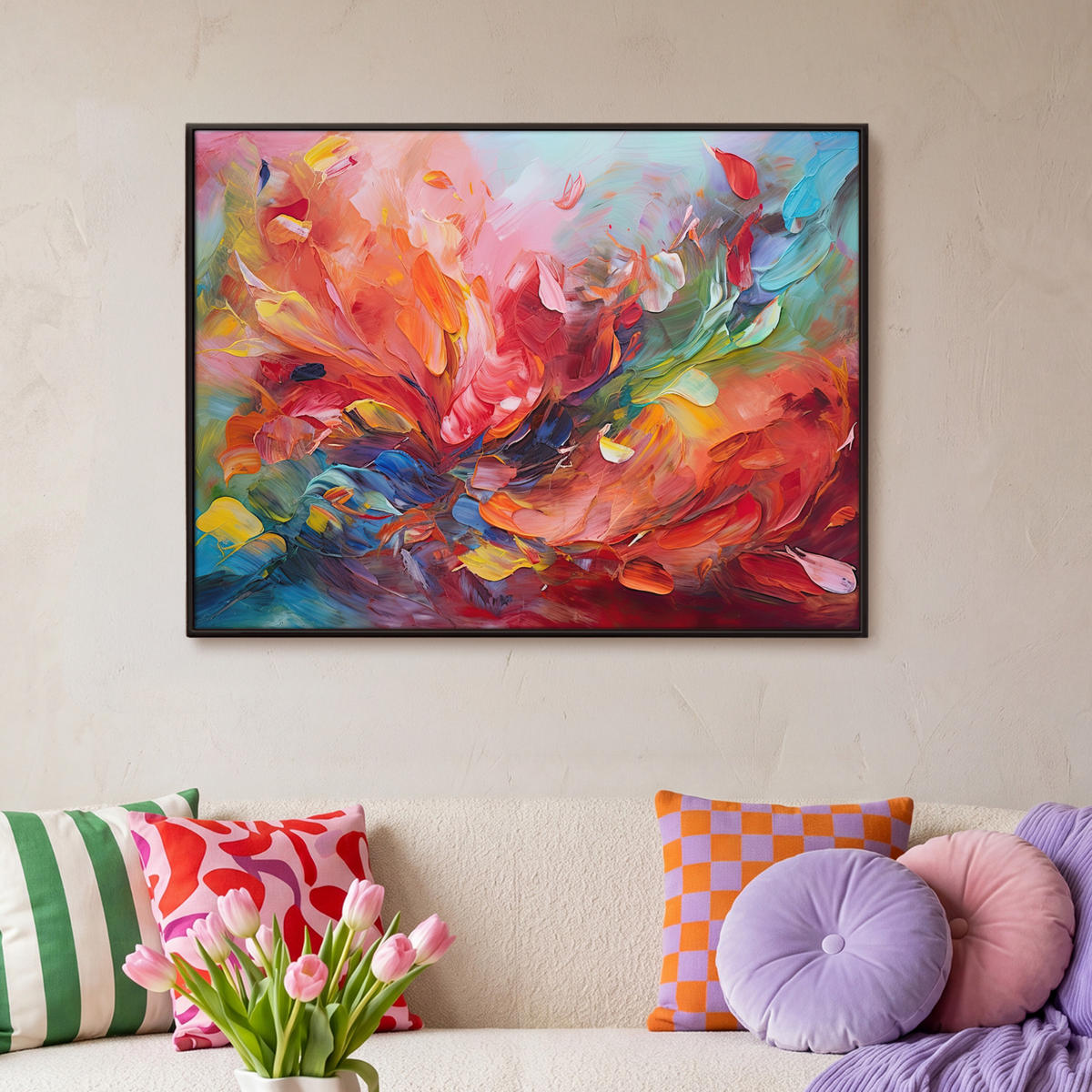 LEINWAND Bilder mit Rahmen - Ölgemälde - Kunst - Abstrakt - Farbenfroh - 100x70 - Altrosa, Textil (100/70cm) - MuchoWow
