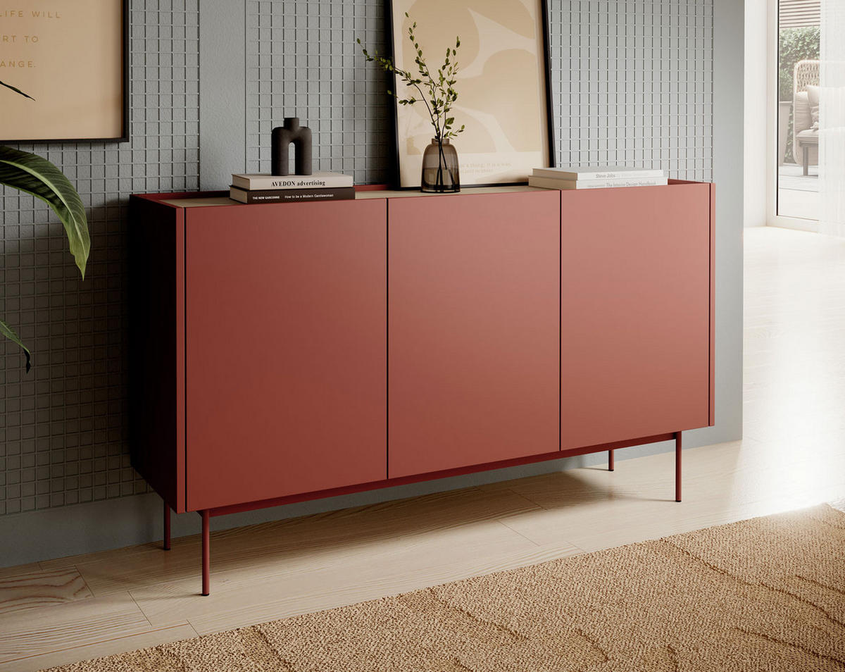 SIDEBOARD Color Keramikrot / Eiche Linea 144 / 37 / 83cm - Hellbraun/Rot, Holz/Holzwerkstoff (144/83/37cm) - Feldmann-Wohnen
