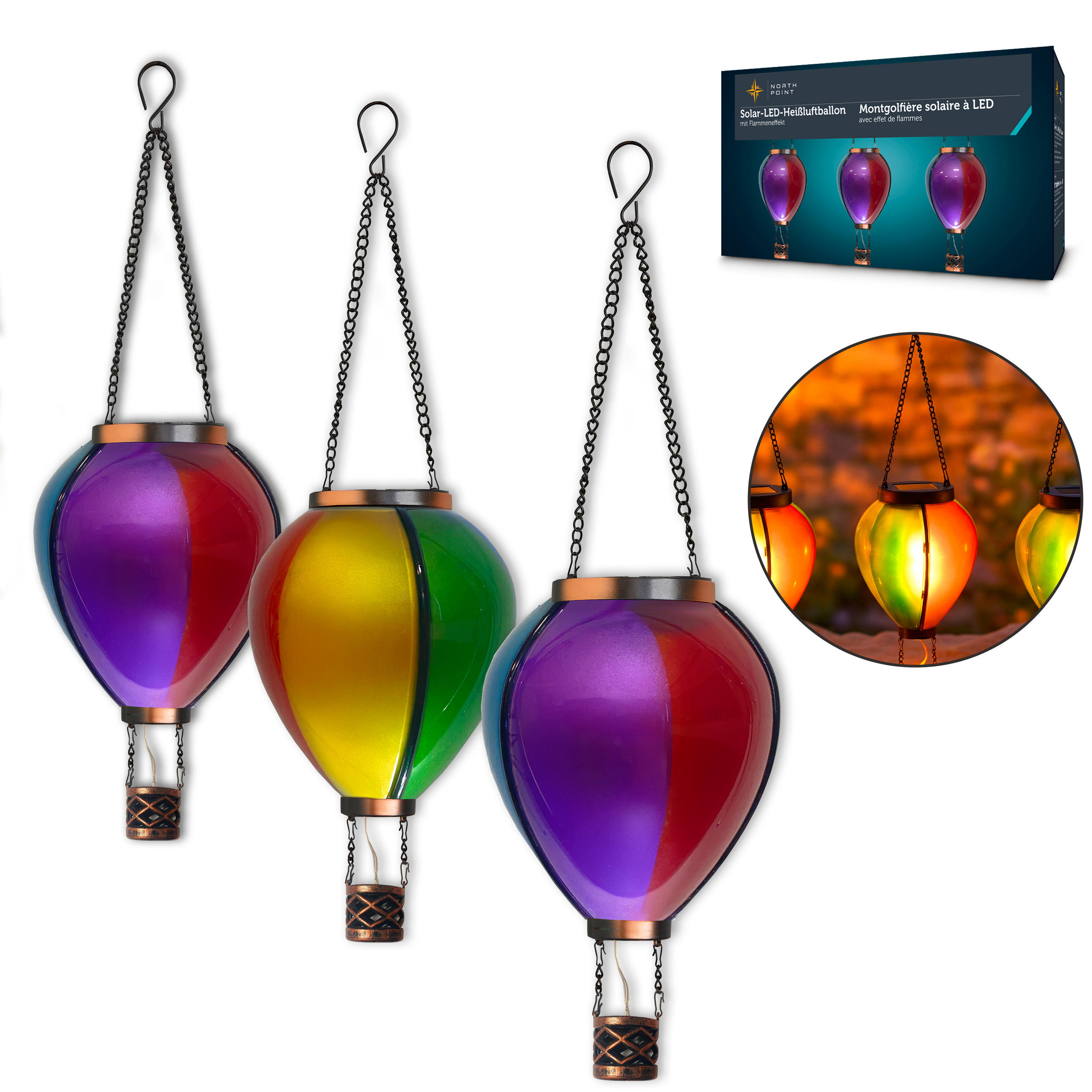 LED-SOLAR-HEISSLUFTBALLON Bunt Kunststoff Ø 11 x 40 cm 3er-Set - Multicolor, Kunststoff (11/11/40cm) - Northpoint