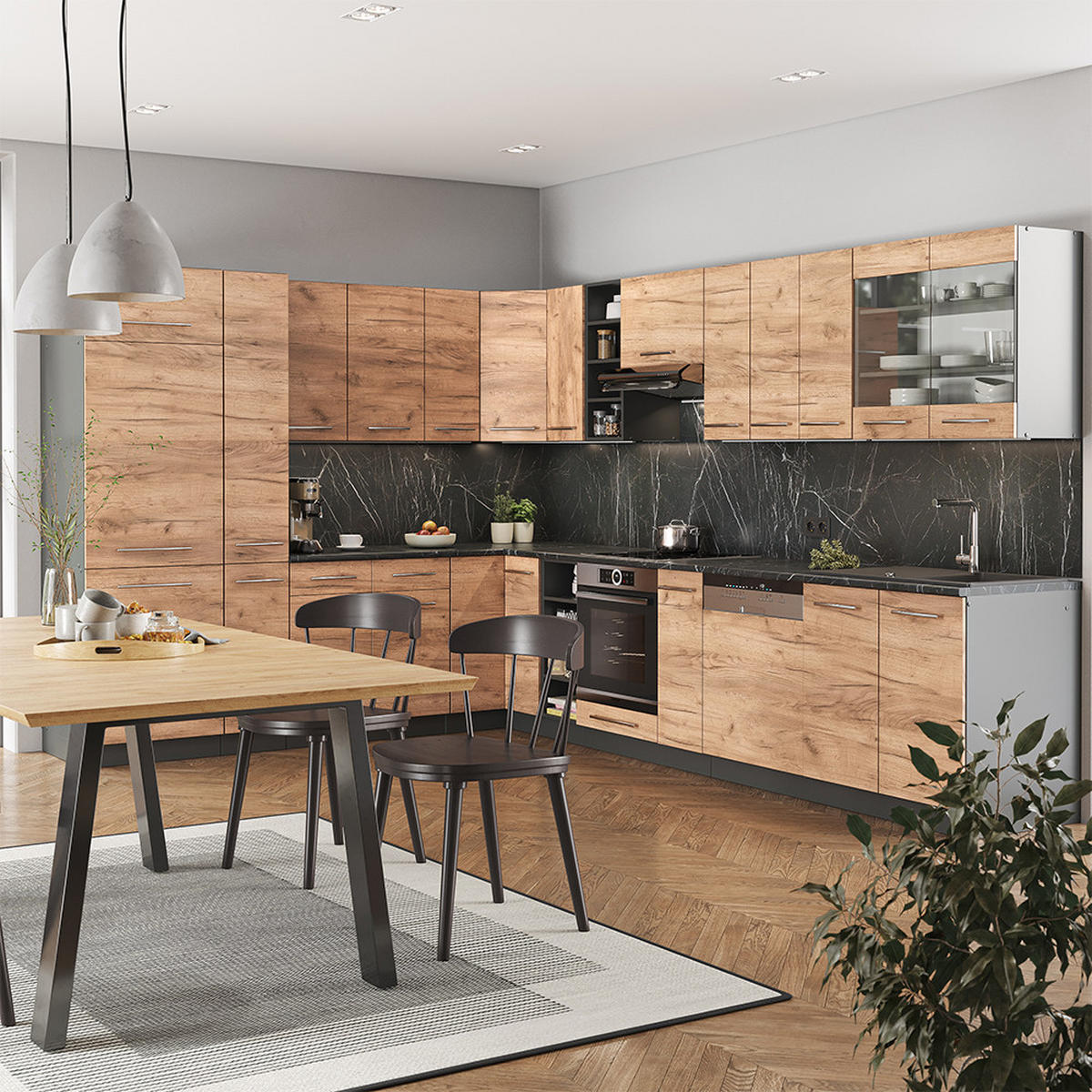 ECKKÜCHE Fame-Line Goldkraft Eiche/Anthrazit 347 x 257 cm ohne AP - Anthrazit/Eiche Wotan, Holzwerkstoff (347/81.6/46cm) - Vicco