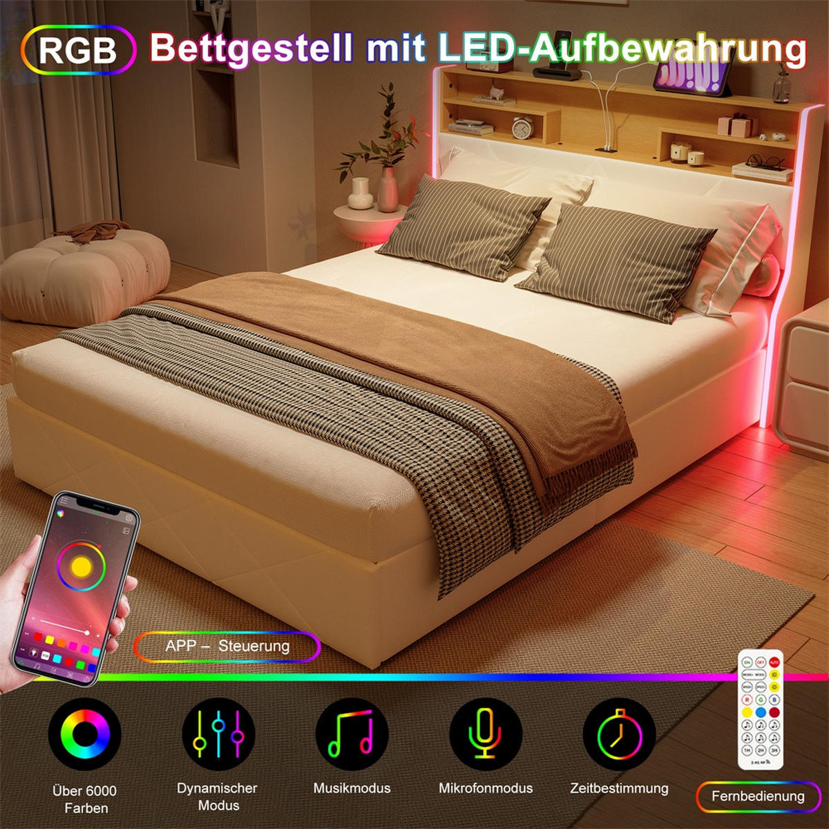 POLSTERBETT 160x200 cm mit hydraulischem Stauraum - Gepolstertes Kopfteil mit Stauraum - LED Beleuchtung - Weiß - Weiß, Textil (160/200cm) - DELFA