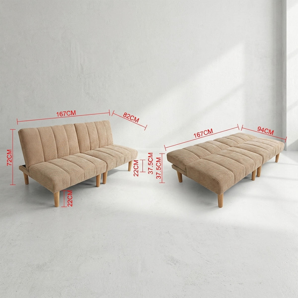 SCHLAFSOFA 167/82/72 cm Beige Cord mit 3-fach verstellbarer Rückenlehne - Beige, Textil (82/72/167cm) - Oxeza