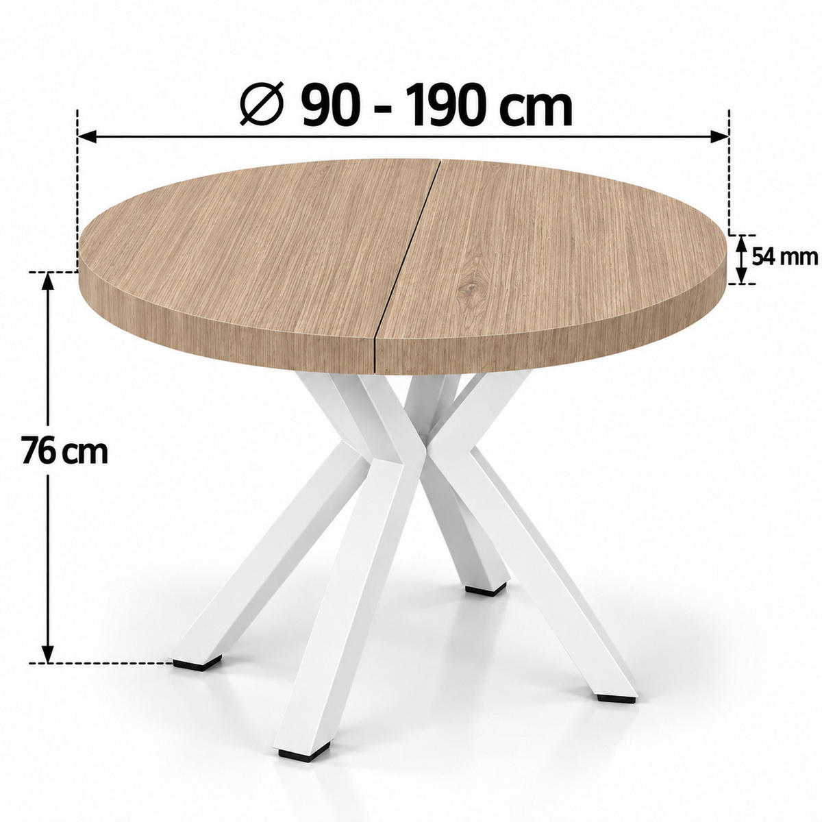 ESSTISCH rund ausziehbar 110/210/76 cm, Hikora Egger Natur, 54 cm Tischplatte + Metall Weiß - Hellbraun, Holzwerkstoff/Metall (110/210/76cm) - Damale Möbel