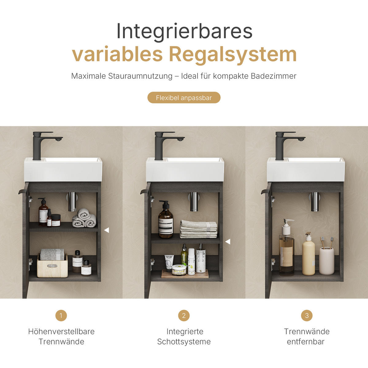 WASCHTISCHKOMBI 41,7 cm Holzdekor Grau mit Keramik-Waschbecken - Graubraun/Schwarz, Holz/Holzwerkstoff (41.7/64.6/24cm) - EMKE