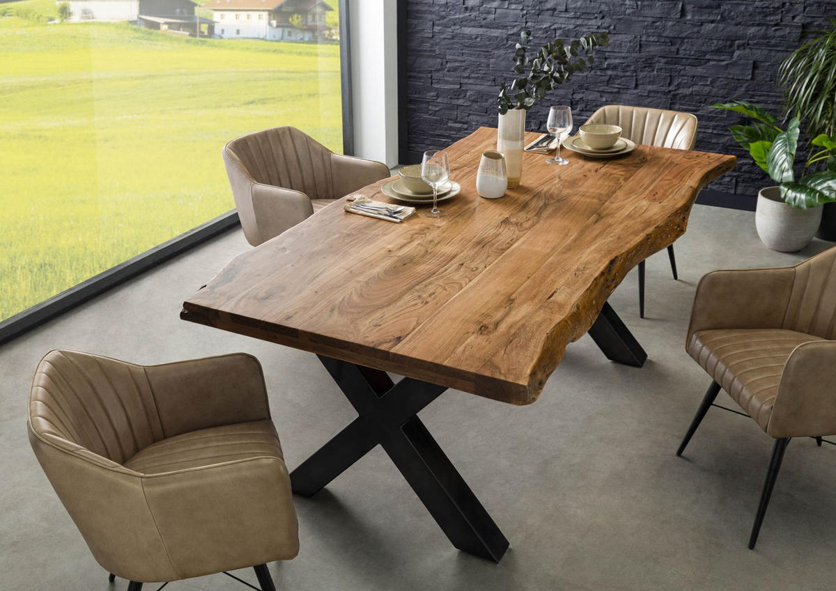 BAUMTISCH Akazie 180x90x77 Akazie natur lackiert / X-Beine anthrazit glänzend FREEFORM 5 - Braun, Holz (90/180/77cm) - Massivmoebel24