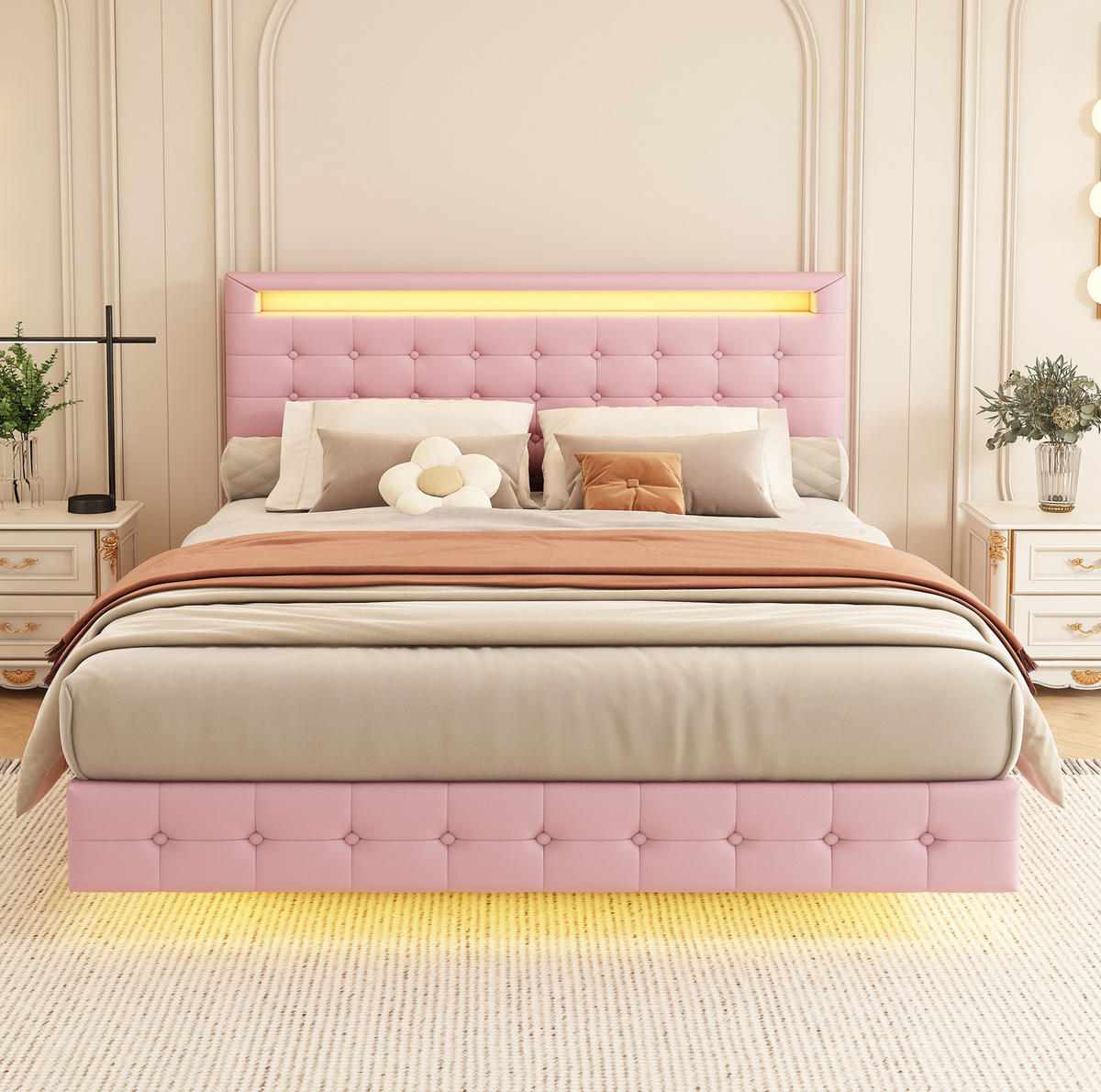 BETT mit LED-Beleuchtung 140x200 cm PU Pink - Pink, Metall (140/200cm) - Meubliv