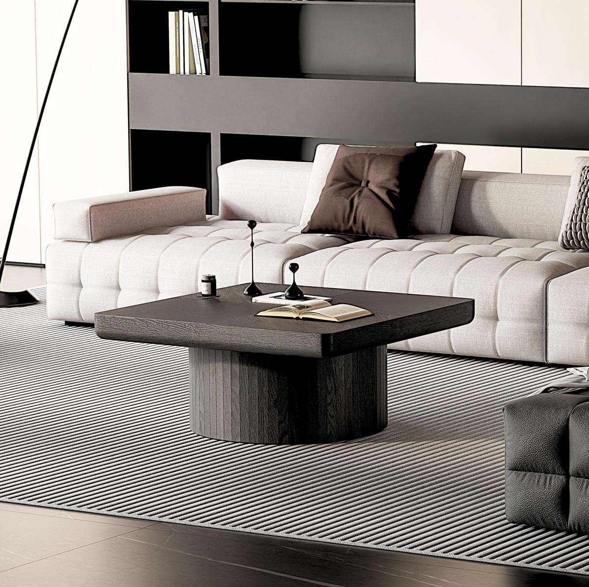 COUCHTISCH aus Massivholz 78x78x38 cm und MDF Schwarz mit Parkettoptik und zylindrischem Sockel - Schwarz, Holz (78/78/38cm) - IVMEU