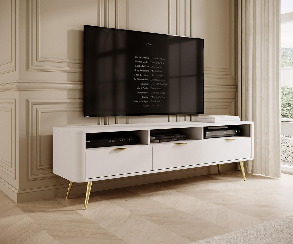 TV-SCHRANK Oval Weiß mit 3 Schubladen 160 cm - Goldfarben/Weiß, Holzwerkstoff/Metall (162/49/38cm) - Selsey