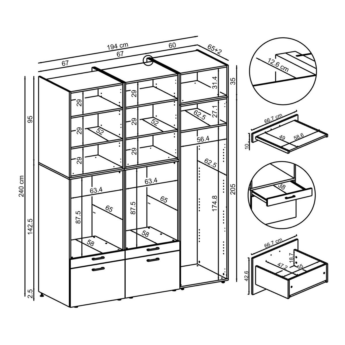 WASCHMASCHINENSCHRANK Serie 2 194cm Breit, 240cm Hoch - Schwarz, Holzwerkstoff (194/240/67cm)