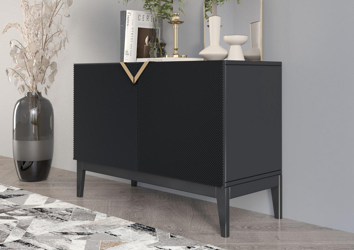 SIDEBOARD Demi 2D Long, Schwarz-Gold, Mit Gefrästen Fronten, Massive Buche - Schwarz, Holz/Holzwerkstoff (100.5/70/42cm) - Visby
