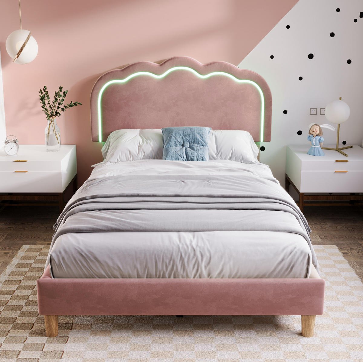 SAMT-POLSTERBETT 90/190 cm in Rosa mit LED-Beleuchtung und verstellbarem Kopfteil - Pink, Textil (90/200cm) - BEAOK