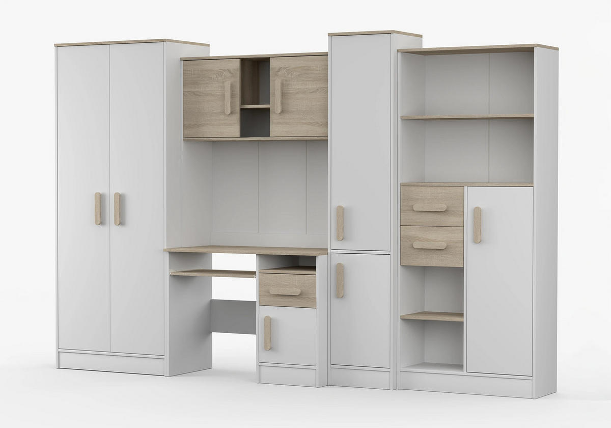 JUGENDZIMMER Wohnwand Colorino in Weiß und Eiche Sonoma – mit Eiche Sonoma Griffen 5 teilig - Kinderzimmer Komplett - Weiß, Holzwerkstoff (80/200/120cm)