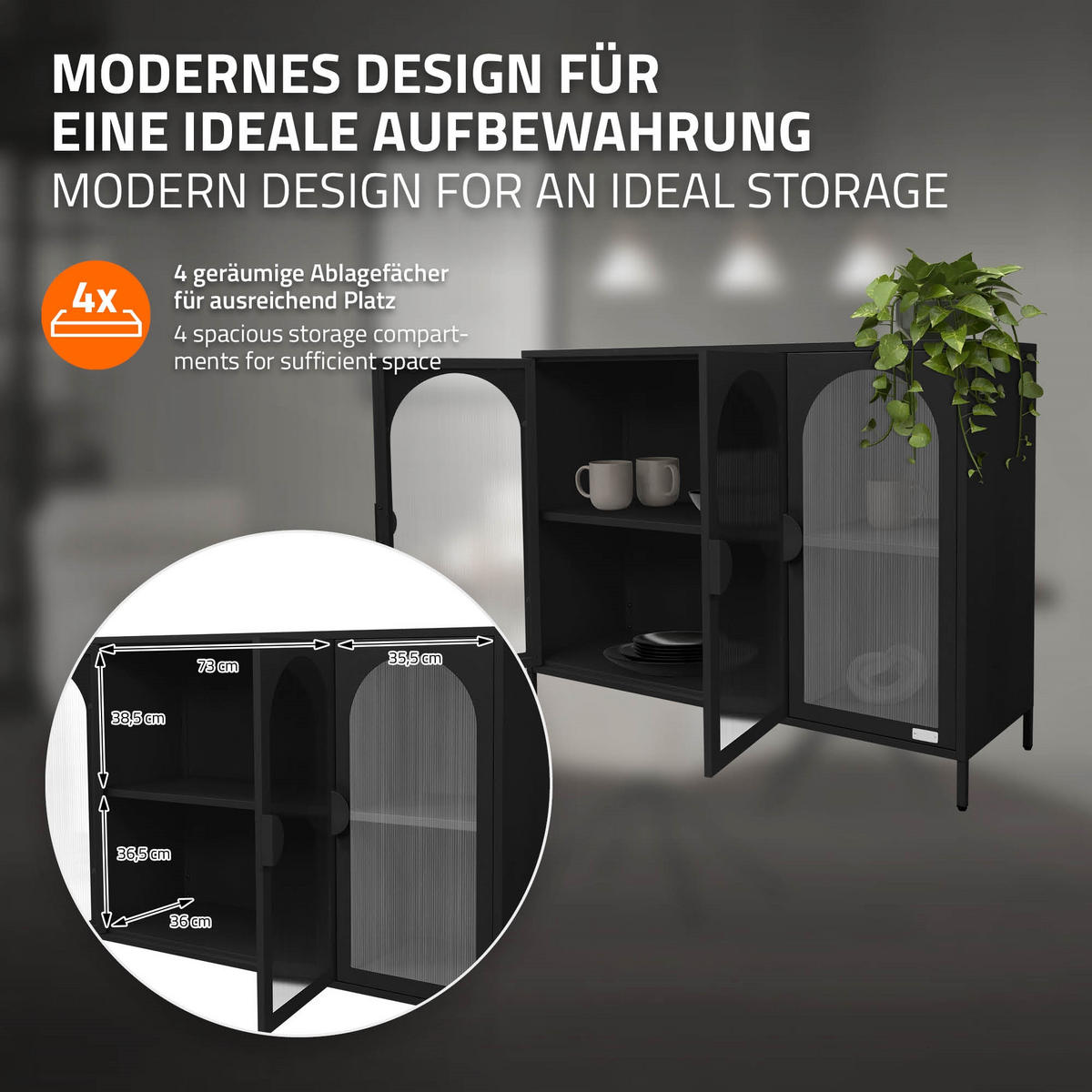 VITRINENSCHRANK aus Stahl 120x93x40 cm Schwarz mit 3 Türen - Schwarz, Metall (120/93/40cm) - ML-DESIGN