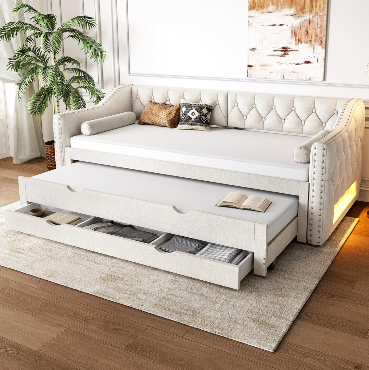 ČALOUNĚNÁ postel s te/tilním čalouněním, 90/200 cm béžové, s LED, výsuvným lůžkem a 3 zásuvkami - béžová, textil (90/200cm) - BEAOK