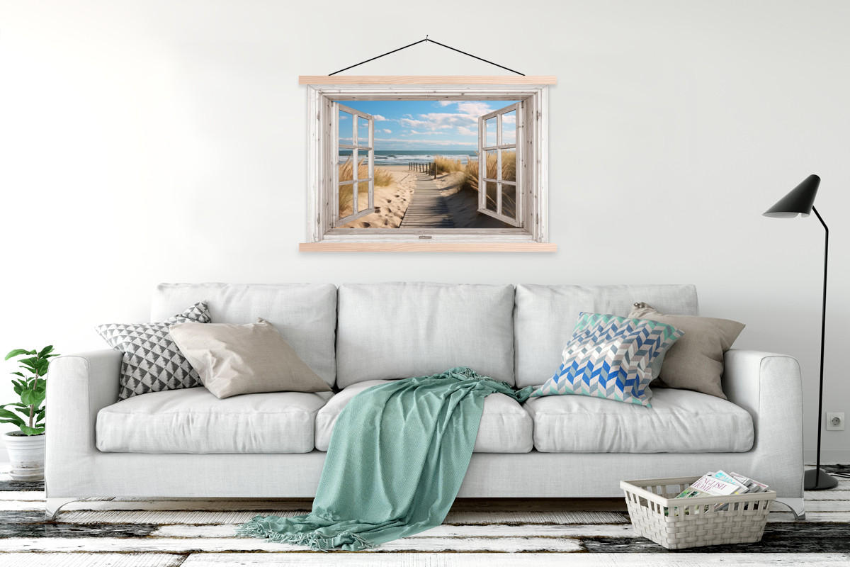 POSTER Fenster - Meer - Küste - Natur - Fensterblick - Strand - Wattenmeer 120x80 cm - Beige, Textil (120/80/0.15cm) - MuchoWow
