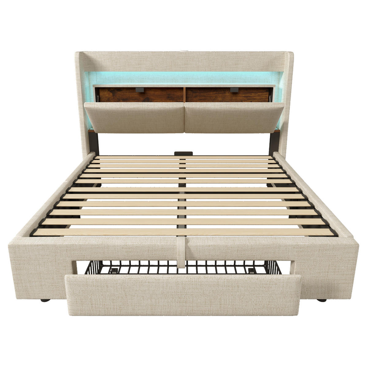 POLSTERBETT 140/200 cm Beige aus Leinen mit Stauraum, LED und Matratze - Beige, Textil (140/200cm) - Flora Grace