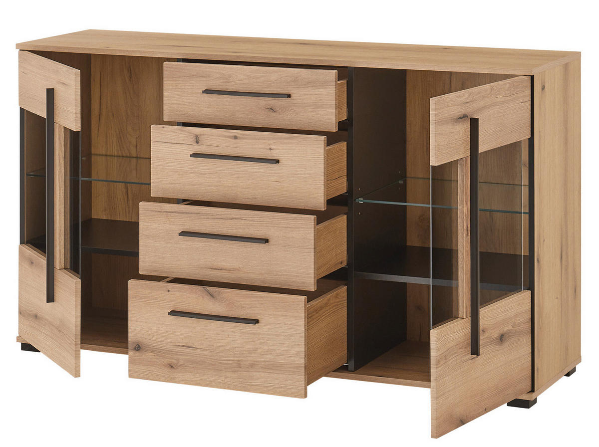 SIDEBOARD Eiche Evoke, Kommode 150 cm mit Beleuchtung - Eichefarben/Schwarz, Glas/Holzwerkstoff (150/86/42cm) - Furn.Design