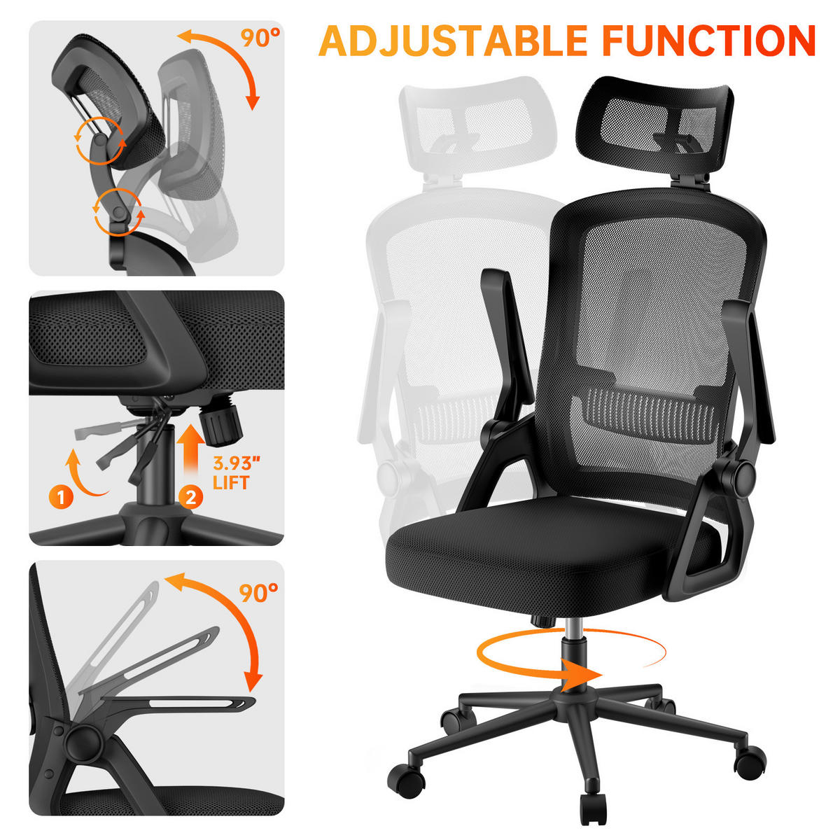 DREHSTUHL Mesh Schwarz ergonomisch klappbare Armlehnen - Schwarz, Metall (23.5/52/62.5cm) - Rattrix