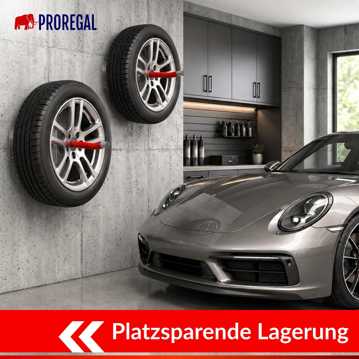 AUTOREIFEN-WANDHALTER PREX PRO 4er Reifen Set HxBxT 17x13x35 cm Traglast 35 kg Rot Set für Garage Zum Anschrauben mit hoher Qualität - Rot, Metall (35/13/9cm) - PROREGAL