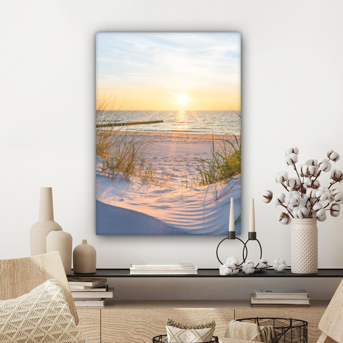 LEINWANDBILD Strand - Sonne - Düne - Gras - Sand - Horizont Wandbild Wohnzimmer 60x80 cm - Hellblau, Textil (60/80cm) - MuchoWow