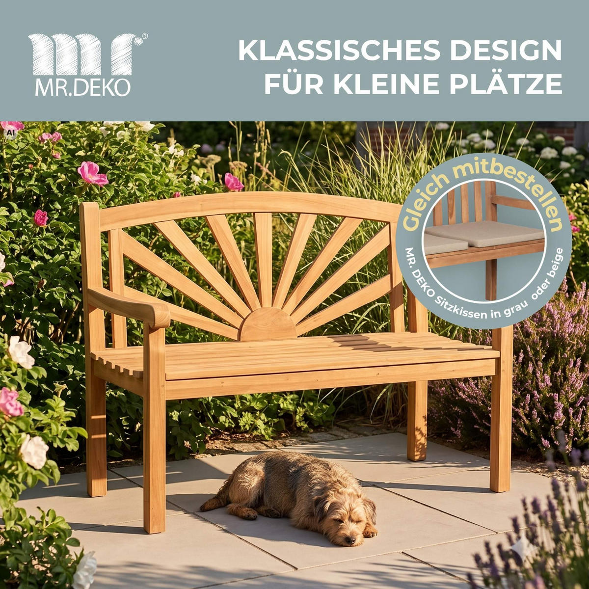 GARTENBANK Sonne - Naturfarben, Holz/Metall (120/94/60cm) - Mr. Deko