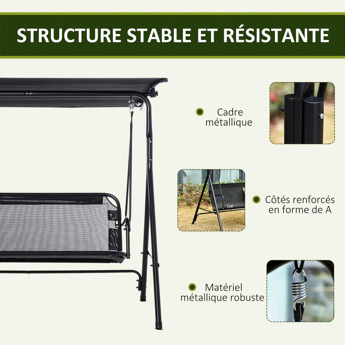 GARTENBANK DE-15287 172/110/155 cm mit verstellbarem Dach Schwarz - Schwarz, Metall (172/155/110cm) - ComfortXL