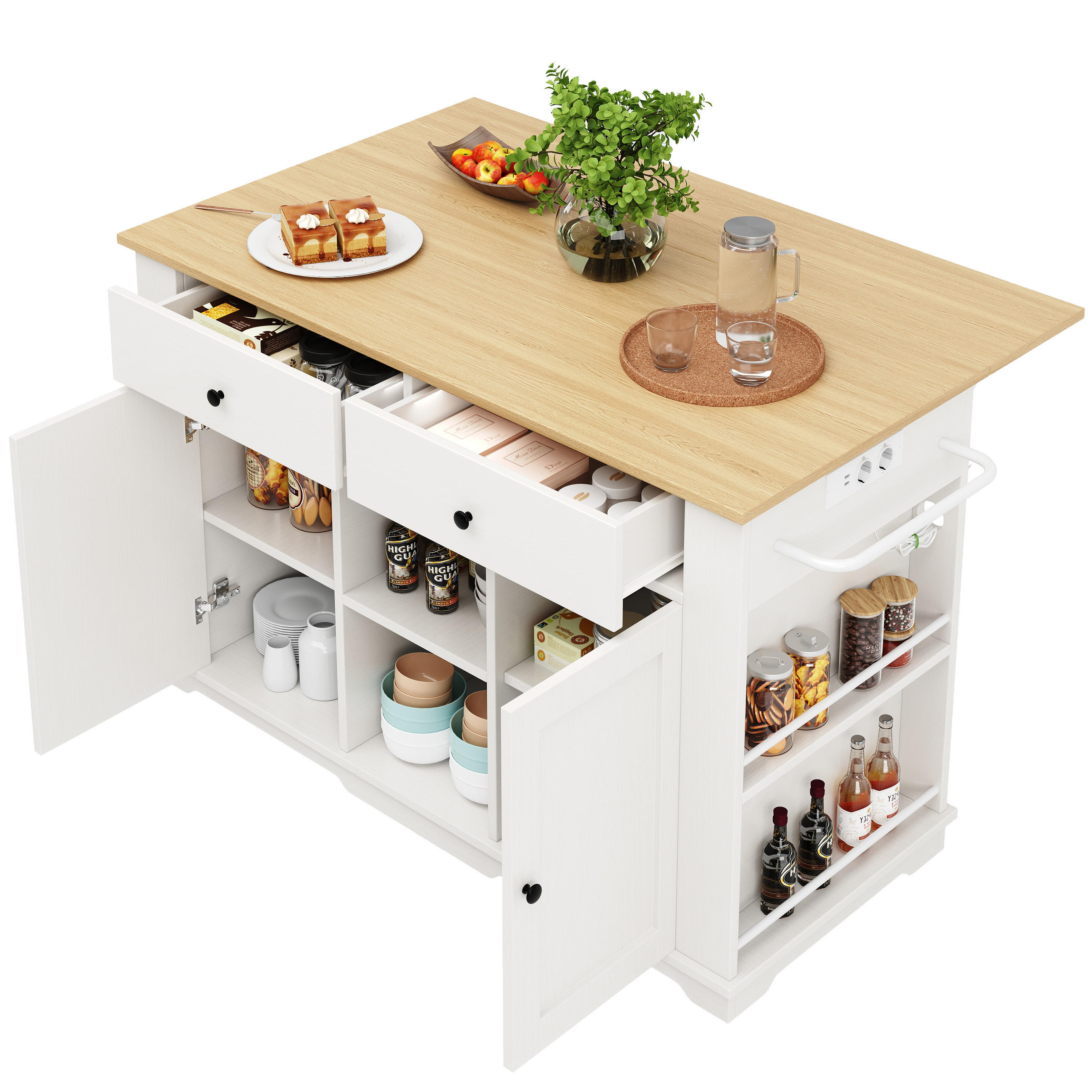 KÜCHENINSEL 151,5/59,7/91,7 cm weiß aus MDF/Metall mit Steckdose - Weiß, Holzwerkstoff (151.5/91.7/59.7cm) - OKWISH