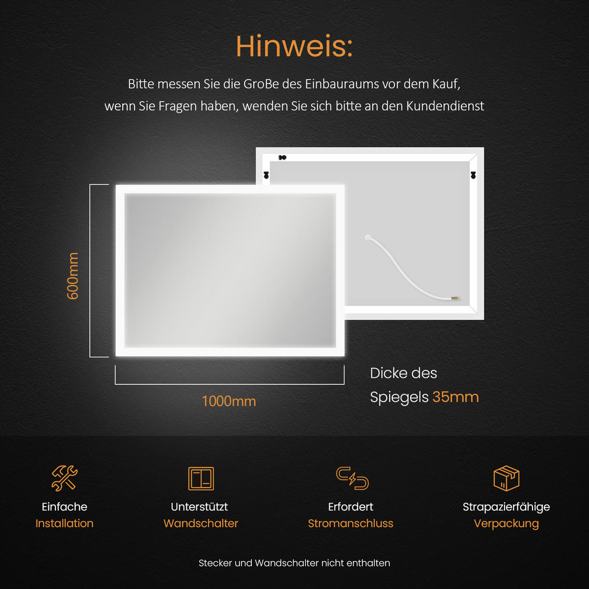 BADSPIEGEL mit Antibeschlag Beleuchtung 100/60/3,5 cm - Weiß, Glas (60/3.5/100cm) - EMKE