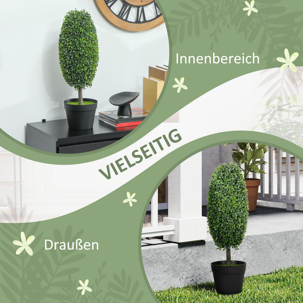 KÜNSTLICHE Buchsbaum 2er-Set 60 cm Kunstpflanze im Olivenform, Dekoration - Schwarz/Grün, Kunststoff (60cm) - HOMCOM