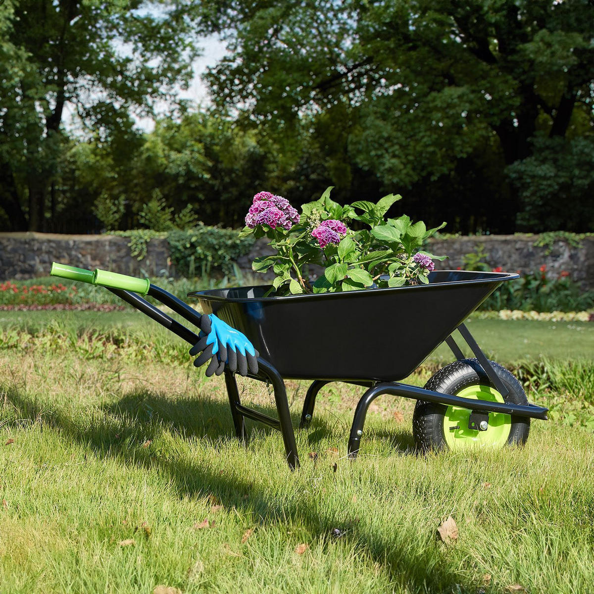 SCHUBKARRE Garden schwarz 100L mit Handschuhen - Schwarz, Metall (59/62/141cm) - Juskys