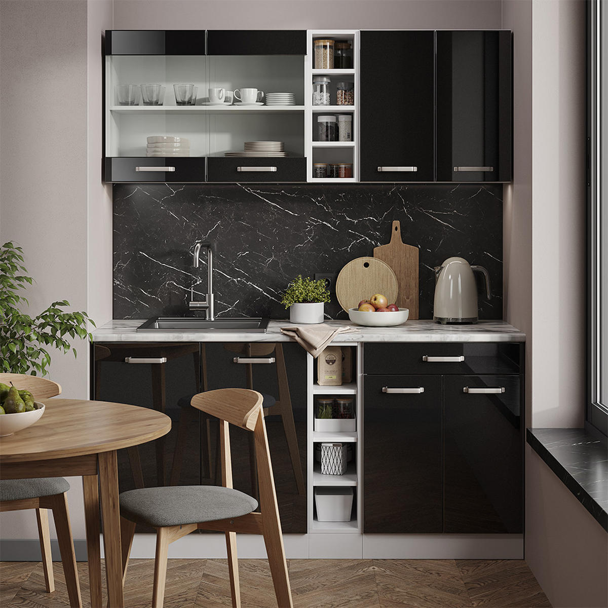 SINGLEKÜCHE R-Line Schwarz Hochglanz/Weiß 160 cm, AP Eiche - Schwarz Hochglanz/Weiß, Holzwerkstoff (160/81.6/60cm) - Vicco