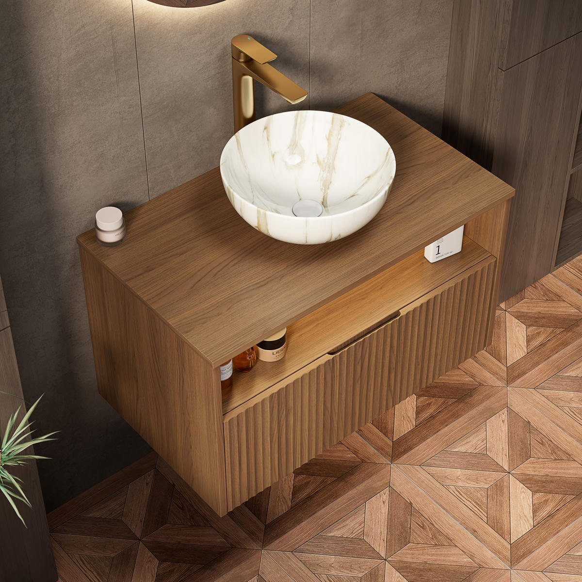 WASCHTISCHKOMBI 80x46x60.8cm in Braun mit Massivholzfront, Waschbecken & Sensor-LED - Braun, Keramik (80/60.8/46cm) - Modfu