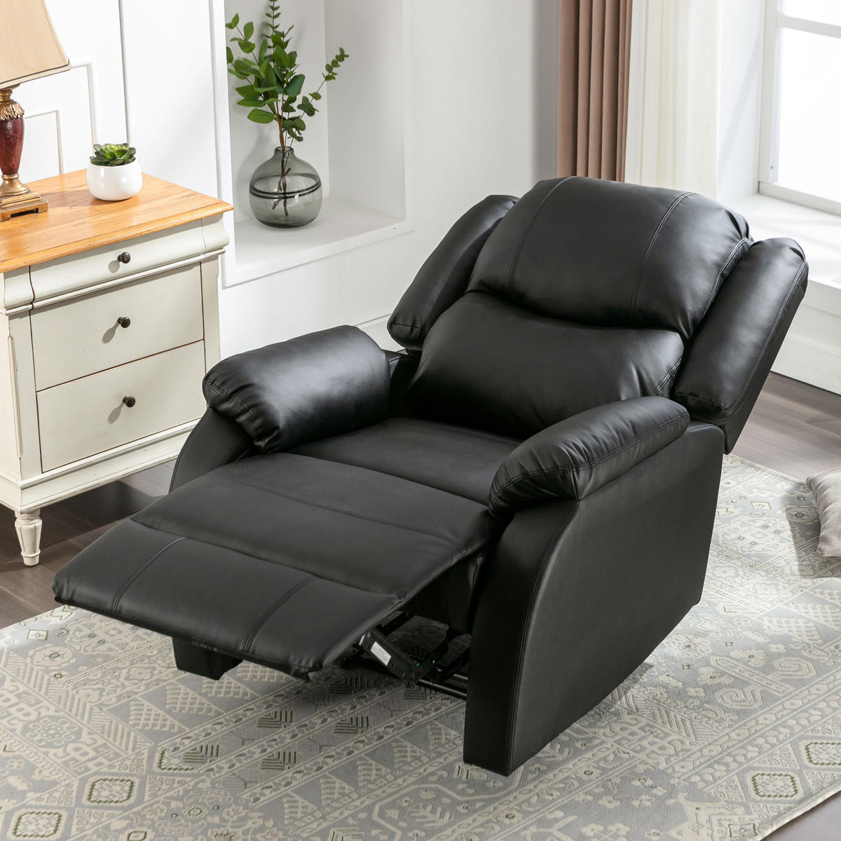 RELAXSESSEL mit Liegefunktion PU Leder Seitentasche 80/90/100 cm - Schwarz, Textil (80/100/90cm) - EVRYAE