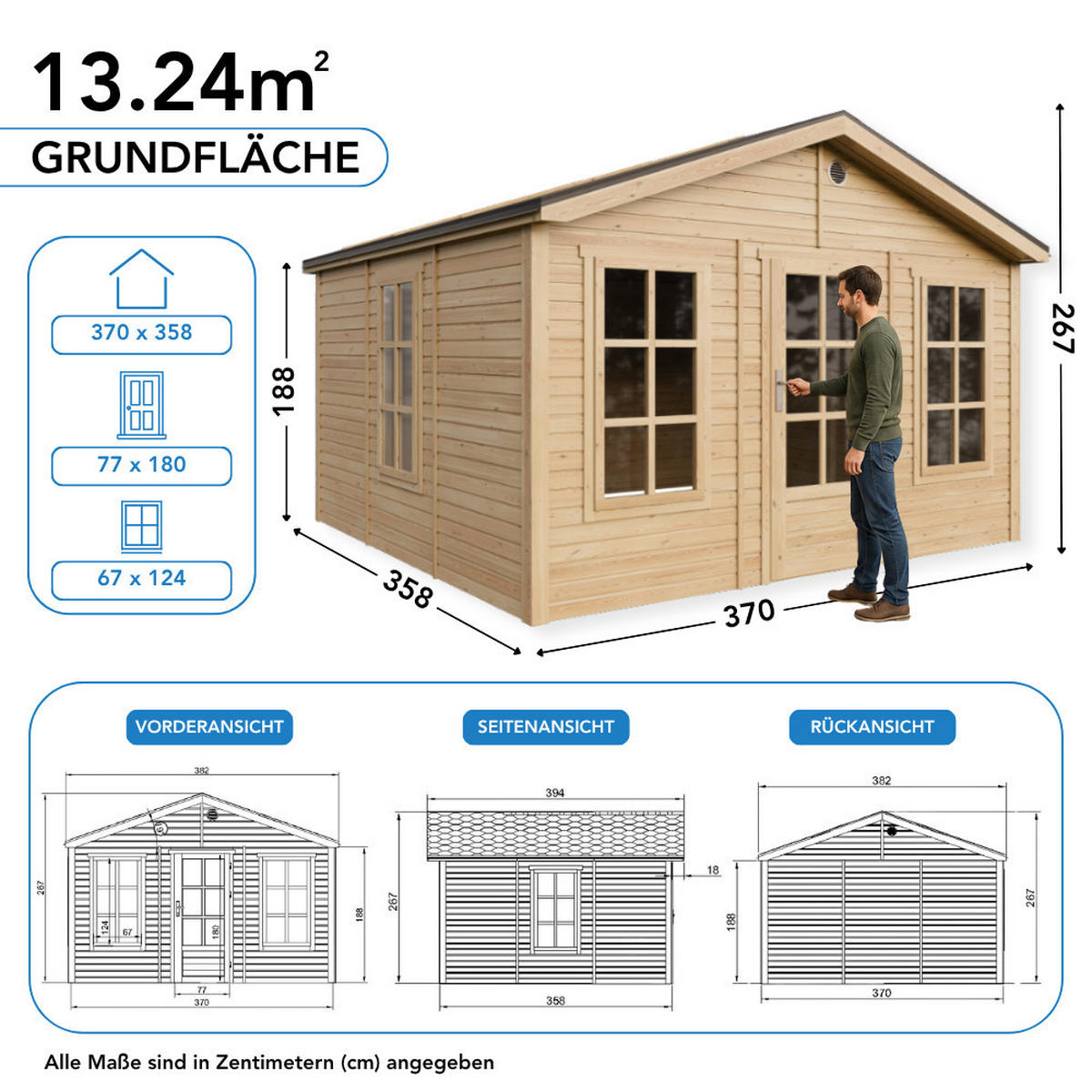 GARTENHAUS HOLZ M735 370 x 360 cm - Naturfarben, Holz (382/267/394cm) - Timbela